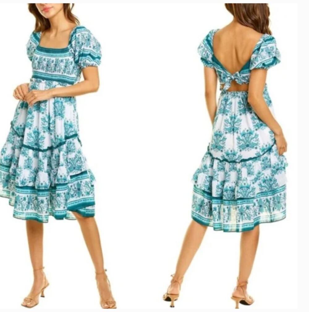Celina Moon Turquoise White Floral Tiered Puff Sleeve Midi Dress Womens Small